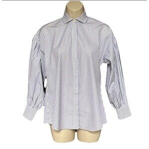 Ann Mashburn Mandarin Paulina Size XS Button Up Blue Striped Shirt Poplin